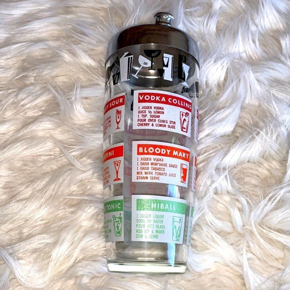 Mid Century Cocktail Recipes Shaker /  Vintage Glass Chrome Cocktail Shaker